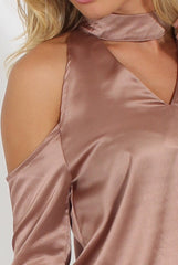 Taupe Satin Cold Shoulder Choker Top - Dana-Tops