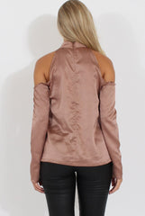 Taupe Satin Cold Shoulder Choker Top - Dana-Tops