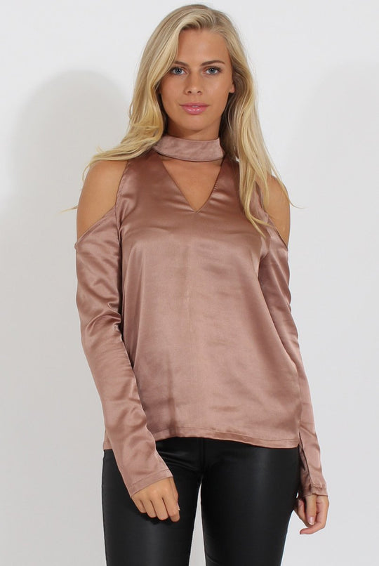 Taupe Satin Cold Shoulder Choker Top - Dana