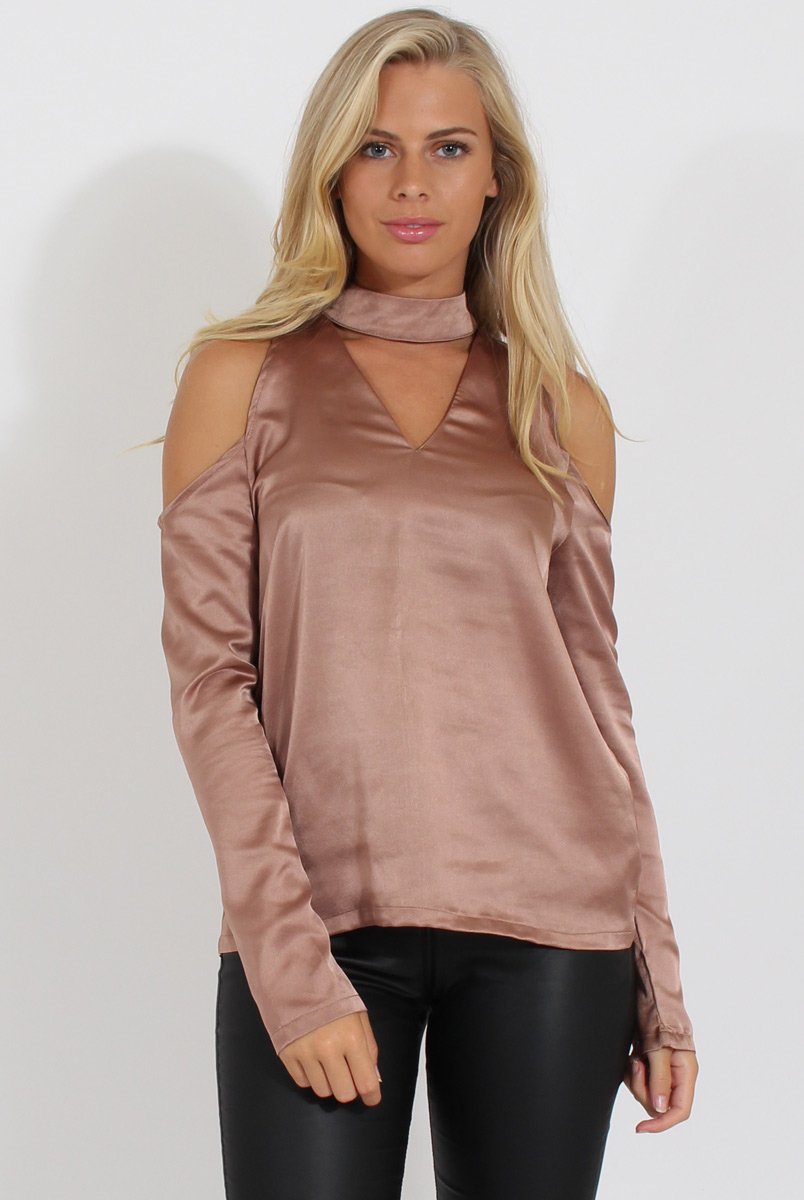 Taupe Satin Cold Shoulder Choker Top - Dana-Tops
