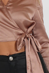 Taupe Silk Wrap Crop Top - Danielle-Crop Tops