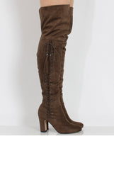 Taupe Suede Over the Knee Lace Up Detail Boots - Alora-Boots