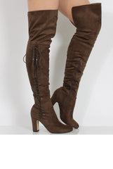 Taupe Suede Over the Knee Lace Up Detail Boots - Alora-Boots