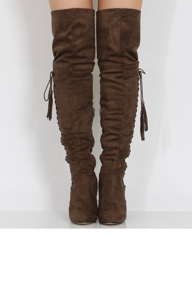 Taupe Suede Over the Knee Lace Up Detail Boots - Alora-Boots
