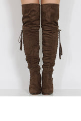Taupe Suede Over the Knee Lace Up Detail Boots - Alora-Boots