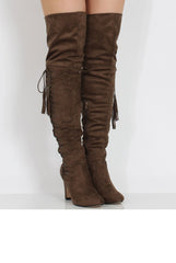 Taupe Suede Over the Knee Lace Up Detail Boots - Alora-Boots