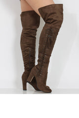 Taupe Suede Over the Knee Lace Up Detail Boots - Alora-Boots