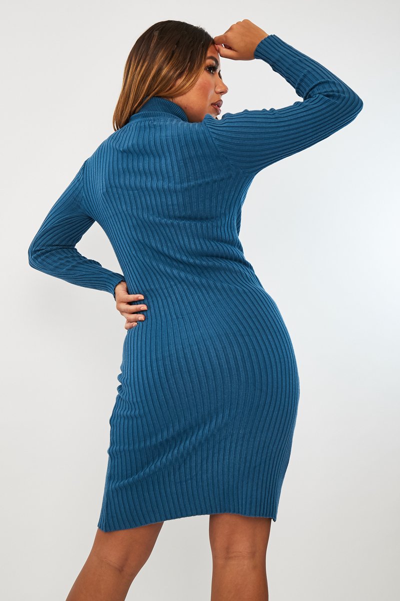 Teal Blue Ribbed Roll Neck Midi Dress - Ema-Dresses