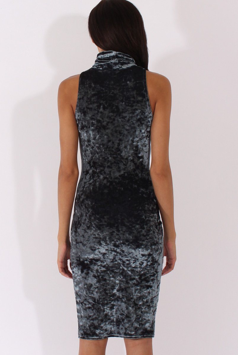 Teal Crushed Velvet Front Split Turtleneck Dress - Erin-Dresses