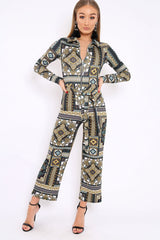 Teal Paisley Print Zip Front Jumpsuit - Aazeen-Jumpsuits