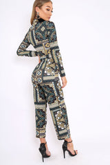Teal Paisley Print Zip Front Jumpsuit - Aazeen-Jumpsuits