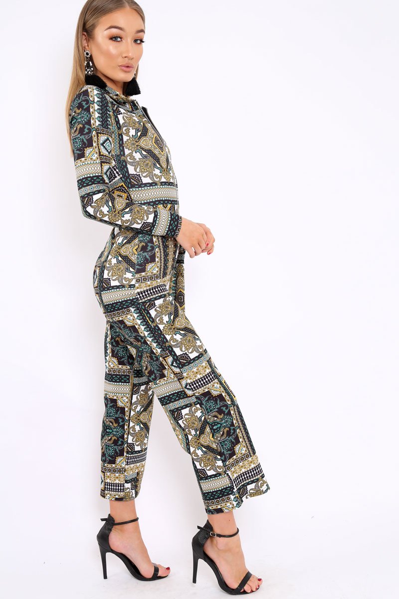 Teal Paisley Print Zip Front Jumpsuit - Aazeen-Jumpsuits