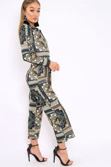 Teal Paisley Print Zip Front Jumpsuit - Aazeen-Jumpsuits