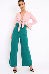 Teal Paper Bag Tie Waist Wide Leg Trousers - Kennedy-Trousers