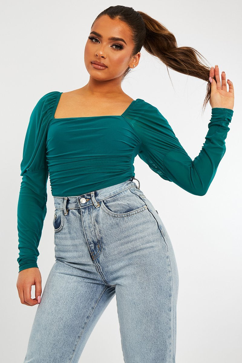 Teal Ruched Body Mesh Sleeve Bodysuit - Raeya-Bodysuits