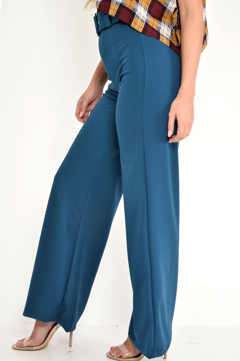 Teal Tailored Wide Leg Belted Trousers - Chenelle-Trousers