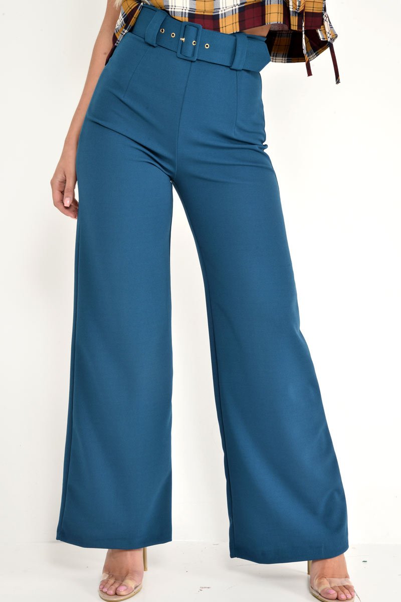Teal Tailored Wide Leg Belted Trousers - Chenelle-Trousers