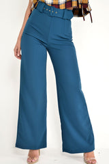 Teal Tailored Wide Leg Belted Trousers - Chenelle-Trousers