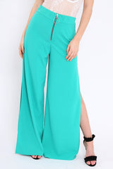 Teal Zip Front High Waisted Flare Trousers - Gerta-Trousers