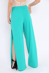Teal Zip Front High Waisted Flare Trousers - Gerta-Trousers