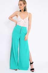 Teal Zip Front High Waisted Flare Trousers - Gerta-Trousers