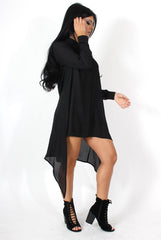 Teri Black Dip Hem Shirt Dress-Dresses