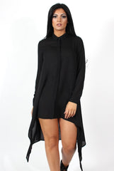 Teri Black Dip Hem Shirt Dress-Dresses