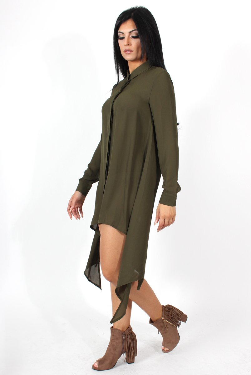 Teri Khaki Dip Hem Shirt Dress-Dresses