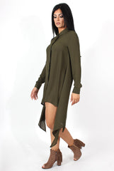 Teri Khaki Dip Hem Shirt Dress-Dresses
