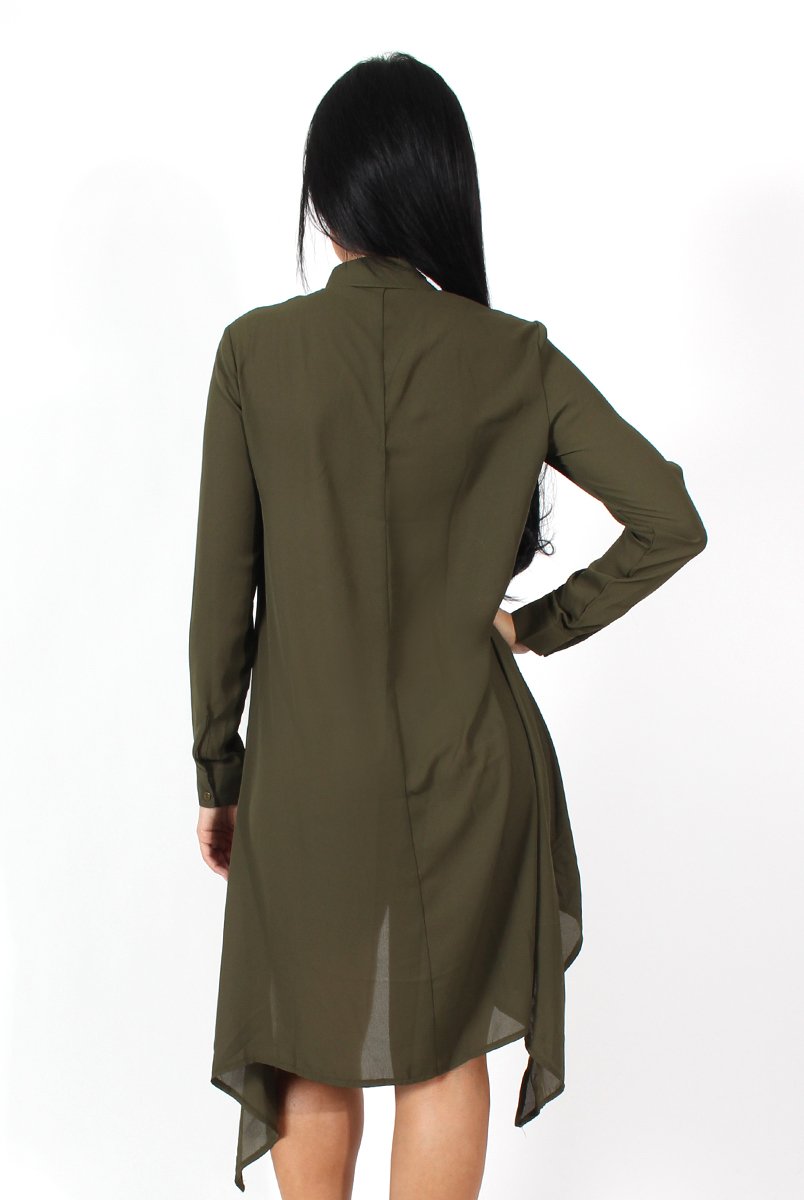 Teri Khaki Dip Hem Shirt Dress-Dresses