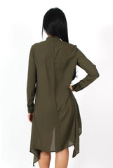 Teri Khaki Dip Hem Shirt Dress-Dresses