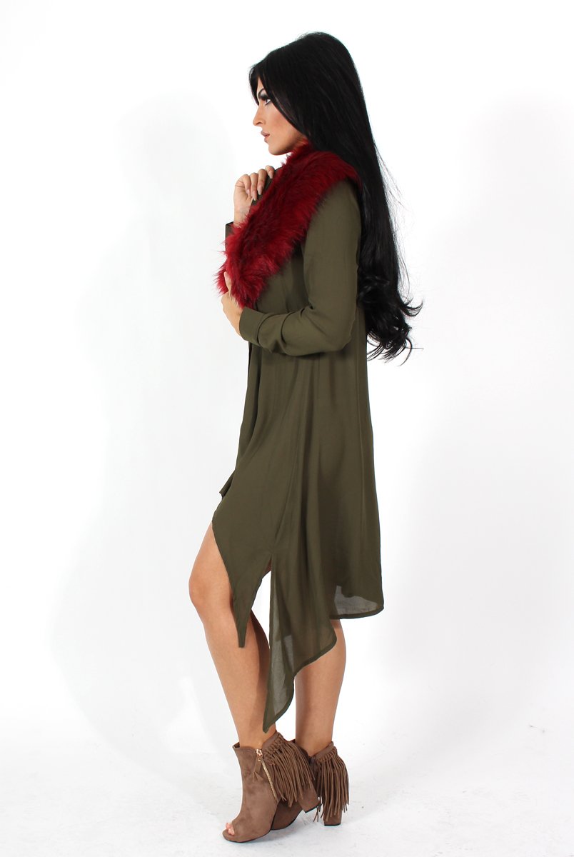 Teri Khaki Dip Hem Shirt Dress-Dresses