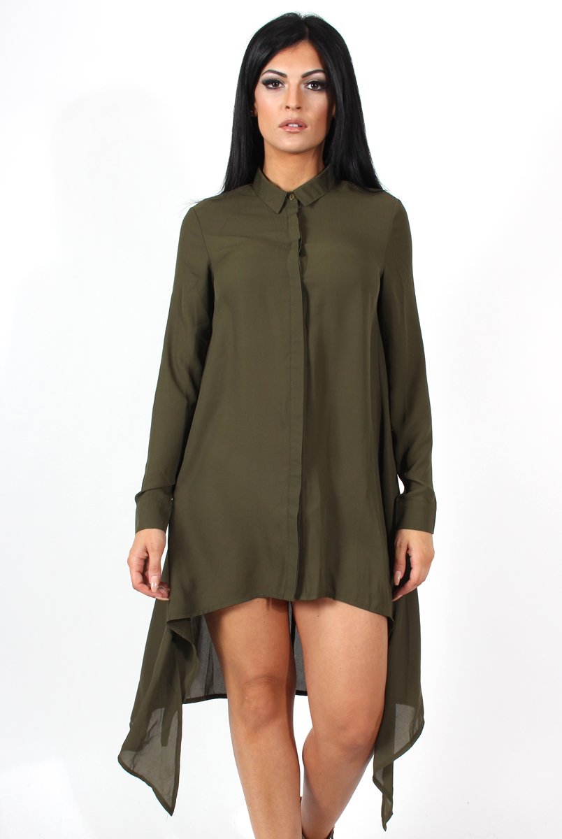 Teri Khaki Dip Hem Shirt Dress-Dresses