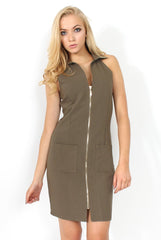 Tia Khaki Plunge Pocket Dress-Dresses