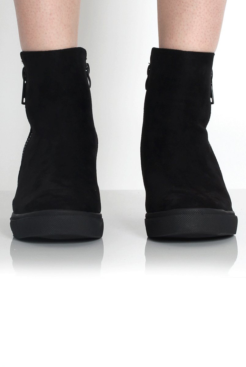 Tiffany Black Suede Diamante Wedged Boots-Boots