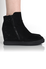 Tiffany Black Suede Diamante Wedged Boots-Boots