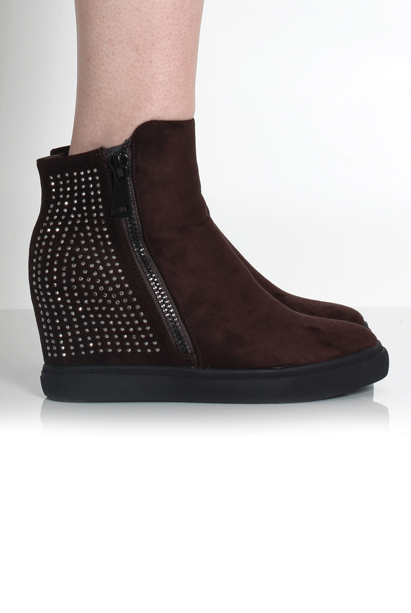 Tiffany Brown Suede Diamante Wedged Boots-Boots