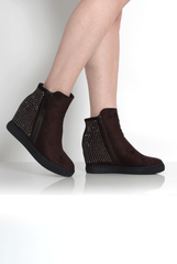 Tiffany Brown Suede Diamante Wedged Boots-Boots