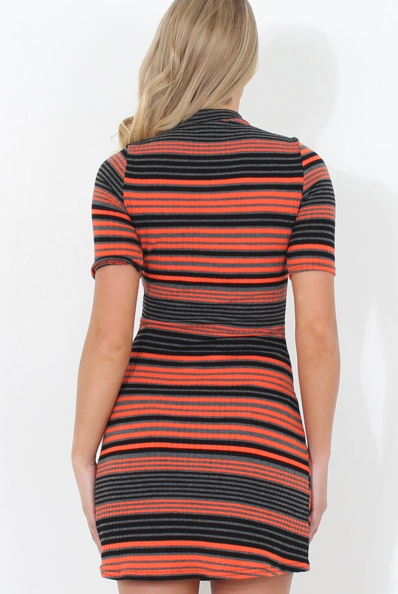 Tilly Orange Stripe Short Sleeved Skater Dress-Dresses