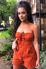Toffee Resin Buckle Tie Detail Halterneck Playsuit - Jules-Playsuits