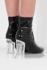 Tori Black PU Clear Heel Ankle Boot-Heels