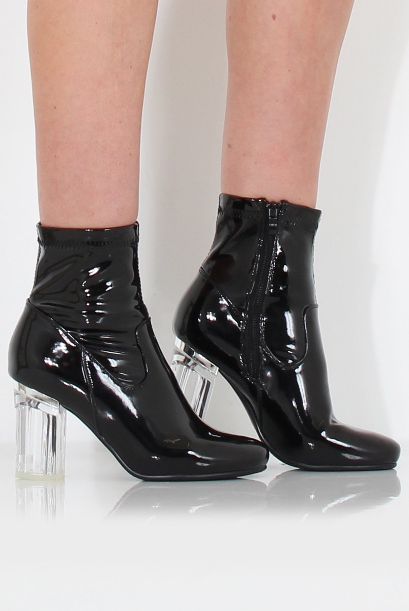 Tori Black PU Clear Heel Ankle Boot-Heels