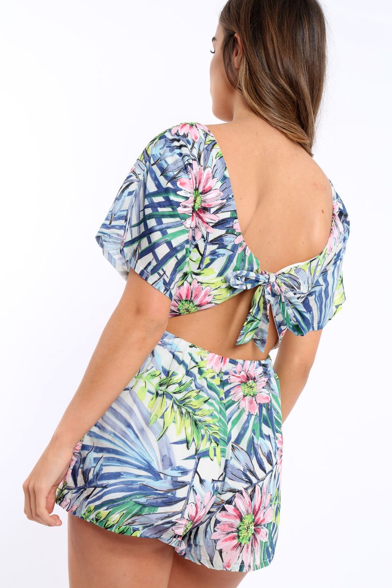 Tropical Print with Open Tie Back Playsuit - Leannah-Playsuits