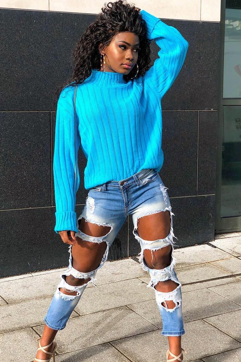 Turqouise Knit High Neck Jumper - Jaelynn-Jumper