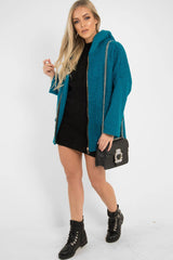 Turquoise Hooded Zip Front Borg Coat - Loryn-Coats