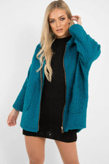 Turquoise Hooded Zip Front Borg Coat - Loryn-Coats