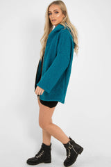 Turquoise Hooded Zip Front Borg Coat - Loryn-Coats