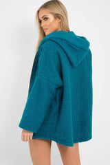 Turquoise Hooded Zip Front Borg Coat - Loryn-Coats