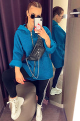 Turquoise Hooded Zip Front Borg Coat - Loryn-Coats