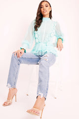 Turquoise Lace Panel Net Sleeve Jumper - Dalila-Jumper